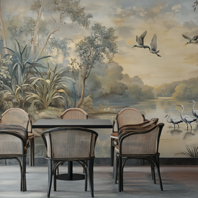 The wallpaper showcases a tranquil lake scene with birds flying and wading, surrounded by lush foliage. Predominant colors include blues and greens for the water and plants, with accents of white and gray for the birds.