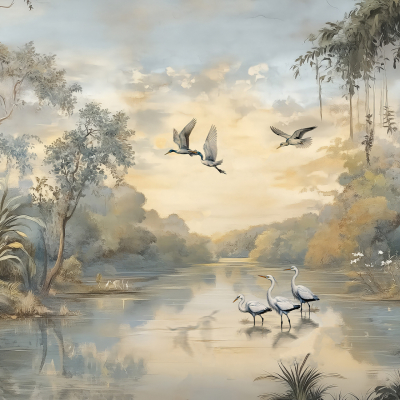 Wallpaper features a serene landscape with meandering river, lush green trees and plants. Includes cranes in water and flying overhead. Sky painted in soft pastel colors, reflecting tranquil morning light. Elements: cranes, river, trees, pastel sky. Colors: green, blue, soft pastels (pink, orange), reflections of morning light.