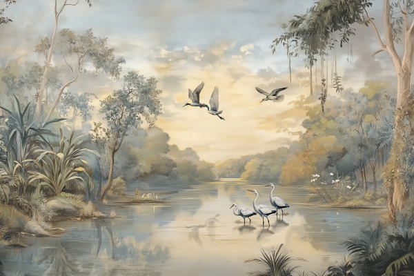 Wallpaper features a serene landscape with meandering river, lush green trees and plants. Includes cranes in water and flying overhead. Sky painted in soft pastel colors, reflecting tranquil morning light. Elements: cranes, river, trees, pastel sky. Colors: green, blue, soft pastels (pink, orange), reflections of morning light.