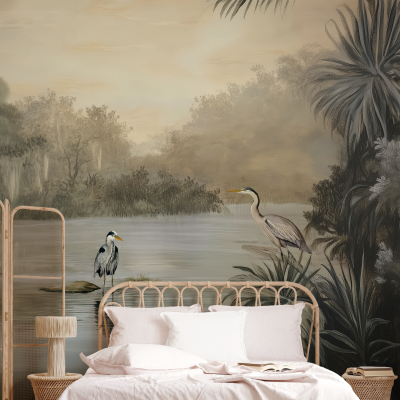 Tropical mural wallpaper with tall palm trees, herons, and a tranquil river; features lush greenery, soft blues, greens, and subtle earth tones to evoke a serene Durban essence.