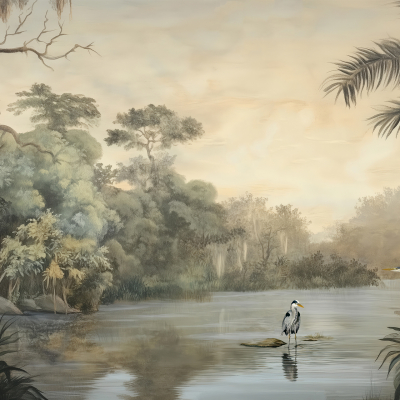 Wallpaper features serene landscape of tropical wetland at dawn; calm river, lush trees and plants reminiscent of Durban scenery. Highlights include three herons: one on a rock in water, two on riverbank. Sky displays soft pastel colors.