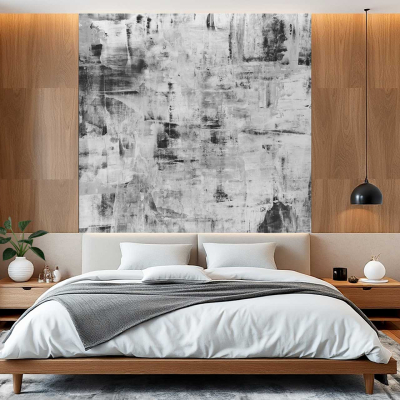 Wallpaper features an abstract design with dominant gray and black hues, incorporating subtle white accents. The pattern is artistic and contemporary, seamlessly blending with the bedroom's modern aesthetic.