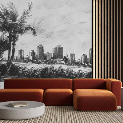The wallpaper is a wall-sized monochrome mural depicting a dawn-lit city skyline. It features outlines of urban buildings and silhouettes of palm trees, creating an illusion of depth. The colors are primarily shades of gray and black, evoking a tranquil early morning atmosphere.