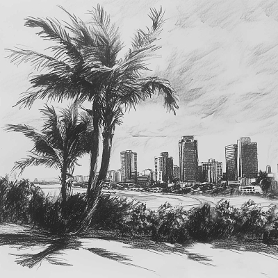 **Sketch: Cityscape at Dawn**

*Background:*
- **Tall Buildings:** Silhouettes of skyscrapers, varying heights with detailed shading; lines and textures capture architectural complexity.
- **Urban Skyline:** Monochrome tones; serene transition from night to day subtly depicted through gradients.

*Foreground:*
- **Palm Trees & Low Vegetation:** Line the beach, offering a natural contrast to the urban backdrop.
- **Beach Scene:** Smooth sand textures with intricate detailing of foliage; tranquil atmosphere emphasized through line work.

*Overall Elements:*
- **Monochrome Shading:** Detailed depiction, capturing light-to-dark contrasts as dawn emerges.
- **Serenity & Contrast:** Balance between urban hustle and natural calmness achieved through composition and tonal variations.

*Search Function Highlights:*  
Sketch, cityscape at dawn, tall buildings background, palm trees foreground, beach contrast urban skyline, monochrome copy.