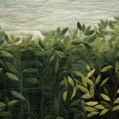 A detailed wallpaper showcasing a forest scene at dawn features various shades of green leaves, ranging from deep emerald to light lime. The background mimics a cloudy morning sky with soft grays and pale blues creating a textured contrast. Intricate stitching-like patterns add depth, accentuating the outlines of the leaves against the quilted appearance of the backdrop. Key elements include: forest scene, dawn, shades of green leaves, cloudy morning sky texture, intricate stitching patterns.