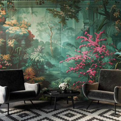 Lush tropical mural with vibrant green foliage, featuring vivid pink and yellow flowers. Elements of nature-inspired atmosphere in wallpaper design.