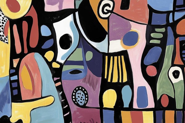 Abstract vibrant wallpaper, "Contoured Life," with bold irregular shapes in blue, yellow, pink, red, and green. Features dynamic mosaic of circles, rectangles, curved lines on black background.