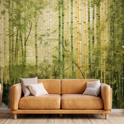 Bamboo forest-themed wallpaper with lush green bamboo stalks and leaves, beige background, natural textures, vibrant greens interspersed with earthy tones.