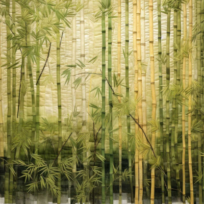 Wallpaper features tall, slender green and yellow bamboo stalks, creating a tranquil ambiance. Dense foliage casts soft shadows with light filtering through leaves. Key colors: green, yellow; Elements: bamboo, foliage.