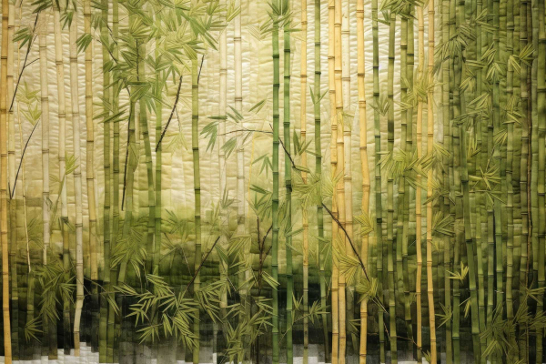 Wallpaper features tall, slender green and yellow bamboo stalks, creating a tranquil ambiance. Dense foliage casts soft shadows with light filtering through leaves. Key colors: green, yellow; Elements: bamboo, foliage.