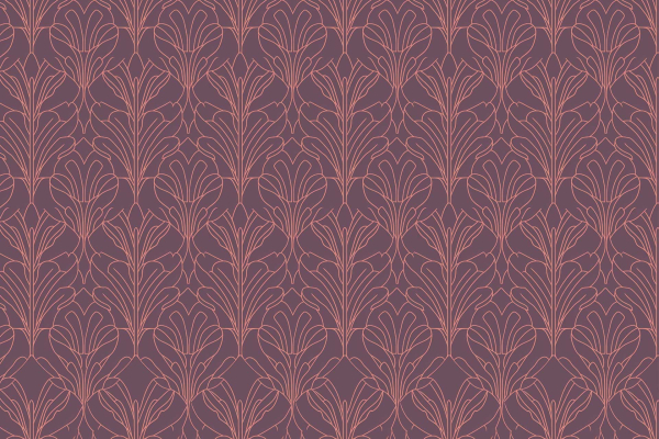 Symmetrical intricate floral designs, pink flowers, dark purple background, elegant art deco style, repeating stylized flowers and leaves.