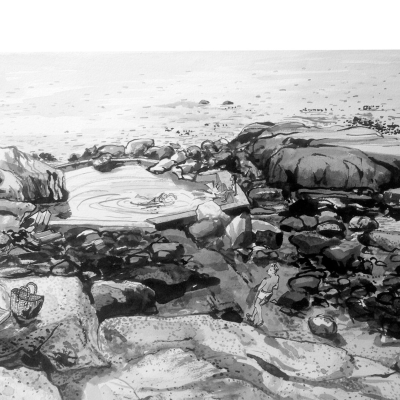 **Wallpaper Description:**

- **Theme:** Coastal tranquility
- **Elements:**
  - Rocky shoreline
  - People on rocks
  - Small pool of water
  - Swimmer in pool

- **Colors:** Black and white palette