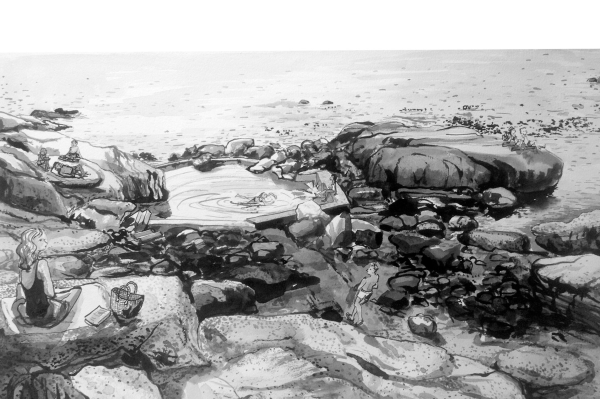 **Wallpaper Description:**

- **Theme:** Coastal tranquility
- **Elements:**
  - Rocky shoreline
  - People on rocks
  - Small pool of water
  - Swimmer in pool

- **Colors:** Black and white palette