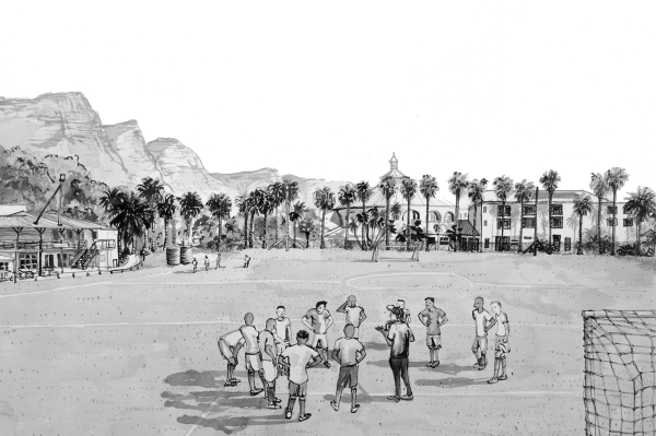 The wallpaper features a monochromatic design showcasing De Waal Park's vibrant atmosphere. Key elements include palm trees, open fields, and goalposts, with buildings in the background and distant mountains. The illustration is primarily in black and white, emphasizing natural landscapes against an urban backdrop.