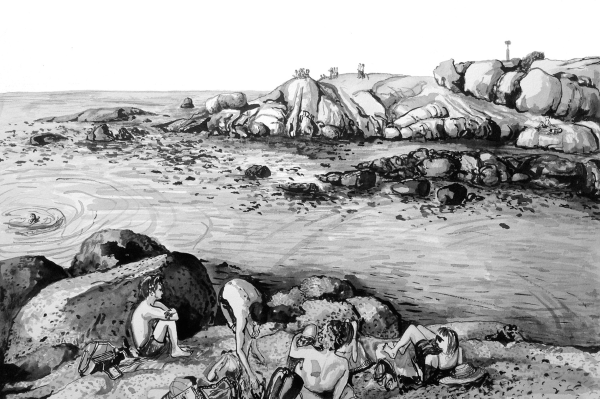 Wallpaper elements: black and white illustration, rocky coastal scene, people relaxing, sunbathing on rocks, swimming in ocean. Background features: rugged cliffs, boulders, serene shoreline. Colors: black, white (monochrome).