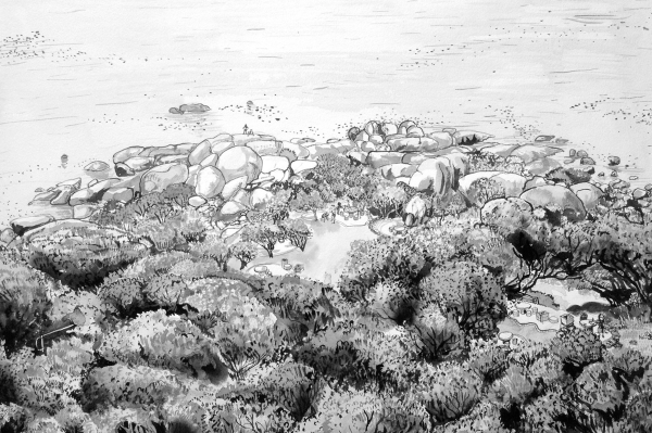 Monochrome illustration of a serene rocky shoreline, with large boulders and lush vegetation mimicking De Waal Park's tranquility. Calm sea sets the backdrop; tiny silhouetted figures dot the water's edge. The wallpaper features muted earthy tones—charcoal grays for rocks, forest greens for foliage, and soft beige or sandy hues for the shore. The overall tone is peaceful and naturalistic, capturing a tranquil coastal essence perfect for search identification by these elements and colors.