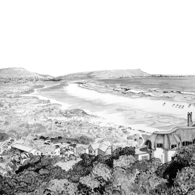 The black and white illustration of the coastal landscape wallpaper features a gently curving beach along the shoreline. Elegant buildings, reminiscent of De Waal Park architecture, are set amidst lush vegetation in the foreground. The scene is framed by hills under a clear sky. Key elements to highlight for search include: black and white coastal landscape, curving beach, elegant buildings, lush vegetation foreground, hills backdrop, serene view.