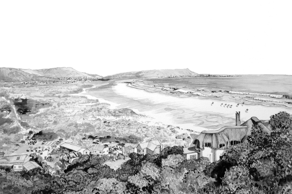 The black and white illustration of the coastal landscape wallpaper features a gently curving beach along the shoreline. Elegant buildings, reminiscent of De Waal Park architecture, are set amidst lush vegetation in the foreground. The scene is framed by hills under a clear sky. Key elements to highlight for search include: black and white coastal landscape, curving beach, elegant buildings, lush vegetation foreground, hills backdrop, serene view.