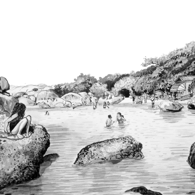 **Illustration Elements:**
- Serene river scene
- People relaxing on rocks
- Swimmers in the water
- Trees and foliage surrounding the area
- Small house peeking over a wall

**Wallpaper Focus:**
- Grayscale tones (black, white, shades of gray)
- Detailed textures of leaves and water ripples
- Contrast between light and shadow for depth 
- Subtle sketches of human figures and natural landscape