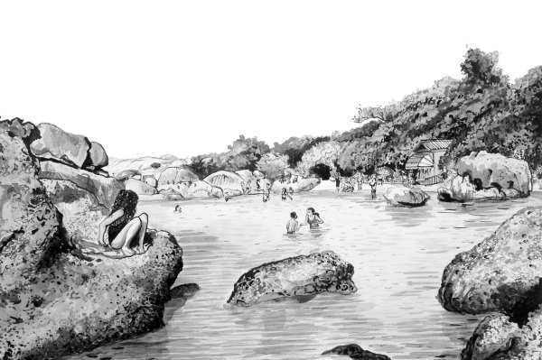 **Illustration Elements:**
- Serene river scene
- People relaxing on rocks
- Swimmers in the water
- Trees and foliage surrounding the area
- Small house peeking over a wall

**Wallpaper Focus:**
- Grayscale tones (black, white, shades of gray)
- Detailed textures of leaves and water ripples
- Contrast between light and shadow for depth 
- Subtle sketches of human figures and natural landscape