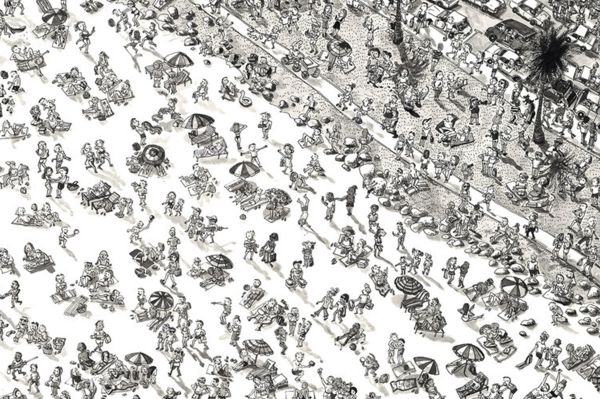 Black and white illustration of a busy beach scene: numerous people sunbathing, playing, walking. Umbrellas and towels scattered on sand; lively ambiance akin to De Waal Park. Promenade with pedestrians and cars parallel to shoreline. Elements include people, umbrellas, towels, promenade. Colors: black, white (monochrome).