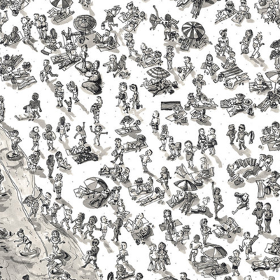 The wallpaper depicts a vibrant and energetic beach scene in black-and-white. It features numerous figures scattered across the sand, engaged in activities like sunbathing, playing games, and relaxing under umbrellas. The ocean is alive with people wading and frolicking in the water, highlighted by splashes of spray against an invisible background. Key elements include diverse groups of people, umbrellas dotting the landscape, playful children with beach toys, towels spread out on the sand, and waves crashing subtly into view. Though it lacks color due to its monochrome style, the intricate details ensure each element stands out distinctly for easy identification through search functions involving crowded beaches or lively outdoor gatherings.