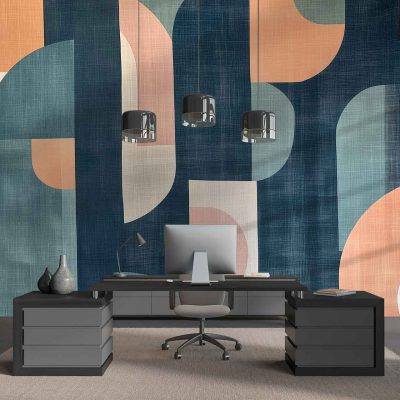 The wallpaper features geometric patterns in shades of blue, orange, and beige.