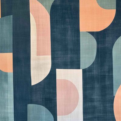 Abstract geometric wallpaper with overlapping shapes features rectangles, circles, and curves in muted shades of blue, peach, and gray. The calming palette and structured elegance create a harmonious, modern composition ideal for wound healing.