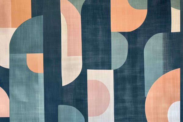Abstract geometric wallpaper with overlapping shapes features rectangles, circles, and curves in muted shades of blue, peach, and gray. The calming palette and structured elegance create a harmonious, modern composition ideal for wound healing.