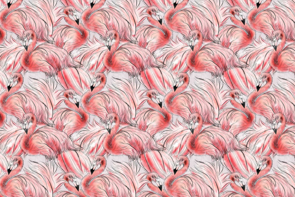 Seamless pattern featuring intricately drawn pink and red flamingos with long elegant feathers, set against a light background. The flamingos appear in various lively poses as if in a REM cycle dream. The design highlights vivid pinks, deep reds, and soft pastels on a subtle backdrop, creating a vibrant and dynamic wallpaper. Key elements: elegant feathers, flamingo poses, vivid dreamlike pattern.