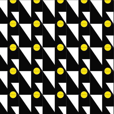Wallpaper features a geometric pattern with alternating black and white triangles forming a grid. Each square resembles a starfish structure containing a yellow circle at the center. Key elements: black triangles, white triangles, yellow circles, starfish-like squares. Colors: black, white, yellow.