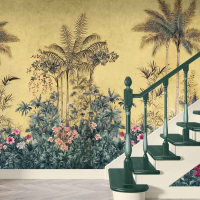 Tropical mural featuring tall palm trees, lush foliage, and colorful flowers. Soft yellow background. Vibrant and exotic atmosphere.