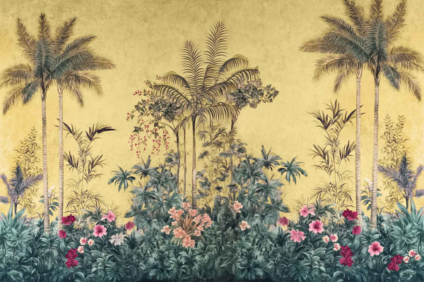 Tropical-themed wallpaper featuring tall palm trees, lush greenery, golden backdrop. Brightly colored flowers in pink, red, and peach interspersed throughout vibrant foliage.