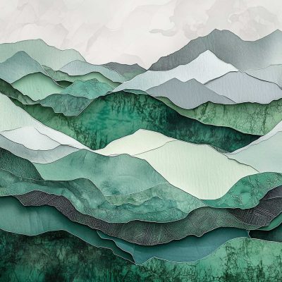 Abstract layered paper art landscape, featuring green and white mountains beneath a cloudy sky. Green shades of varying depth and texture create the appearance of hills and valleys. The wallpaper showcases serene natural elements with layered, overlapping forms highlighting peaceful scenery. Colors include various greens and whites, contributing to the tranquil atmosphere.