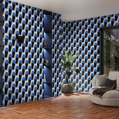 Bold geometric wallpaper featuring blue, black, and white patterns.