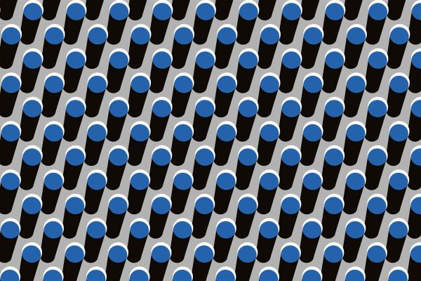 Optical illusion wallpaper with a repeating pattern of black cylindrical shapes and blue tops. Design creates a visual effect of wavy, tilting columns. Appears like starfish floating, causing rows to seem misaligned. Main elements: black cylinders, blue tops; Colors: Black, Blue; Theme: Illusionary wavy pattern.