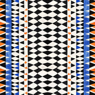 Abstract geometric wallpaper featuring vertical stripes with bold, repeating shapes. Design elements include blue triangles, orange hexagons, and black and white diamond shapes. Symmetrical and vibrant Harlequin motif enhances the pattern. Key colors: blue, orange, black, white.