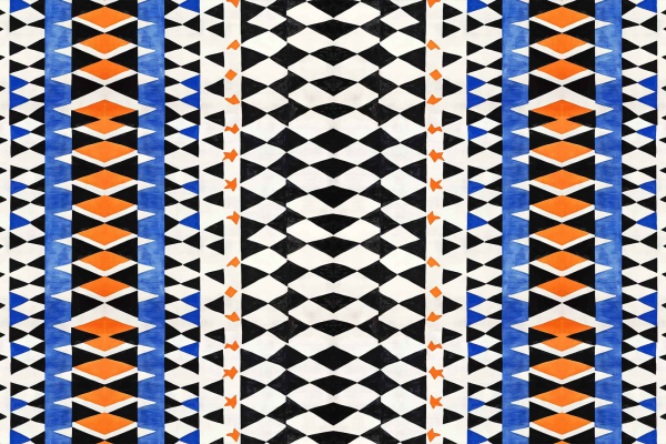 Abstract geometric wallpaper featuring vertical stripes with bold, repeating shapes. Design elements include blue triangles, orange hexagons, and black and white diamond shapes. Symmetrical and vibrant Harlequin motif enhances the pattern. Key colors: blue, orange, black, white.