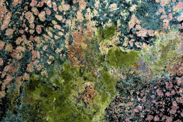 Abstract image featuring green and orange textured patterns resembling moss or lichen on a stone surface, with subtle enhancements of blue. The earthy, natural appearance is achieved through varied shapes and spots where the colors intricately blend into each other. Elements include textured surfaces, organic shapes, vibrant yet muted hues, and a harmonious interplay of nature-inspired colors: green, orange, and blue.