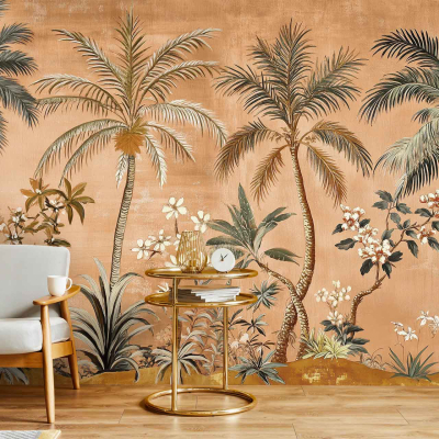 The wallpaper features a vintage tropical botanical illustration with vibrant palm trees, lush green foliage, and exotic plants. Delicate flowers in shades of pink, orange, and yellow add bursts of color against the warm beige background. The overall design evokes an exotic, nature-inspired atmosphere with intricate details in rich greens and subtle earth tones.