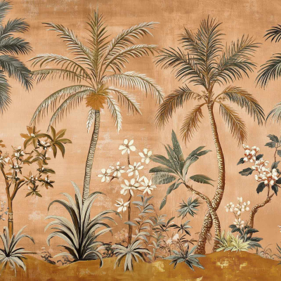 The wallpaper features a vintage tropical botanical illustration with vibrant palm trees, lush green foliage, and exotic plants. Delicate flowers in shades of pink, orange, and yellow add bursts of color against the warm beige background. The overall design evokes an exotic, nature-inspired atmosphere with intricate details in rich greens and subtle earth tones.