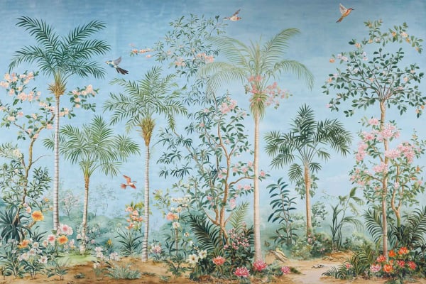 **Wallpaper Description:**
- **Theme:** Lush tropical garden
- **Elements:**
- Tall palm trees
- Colorful flowering plants
- Birds flying and perching among branches
- **Colors:**
- Green (foliage, palm fronds)
- Vibrant pinks, oranges, yellows (flower blossoms)
- Blue (sky backdrop)
- Earthy browns (tree bark and branches)
- White and black accents (birds)