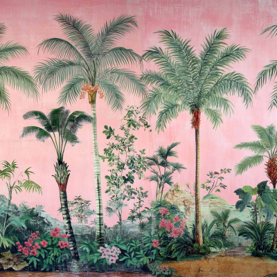Tropical mural wallpaper with tall palm trees, pink background, lush green foliage, vibrant flowers. Exotic vibe, lively atmosphere, paradise-like.