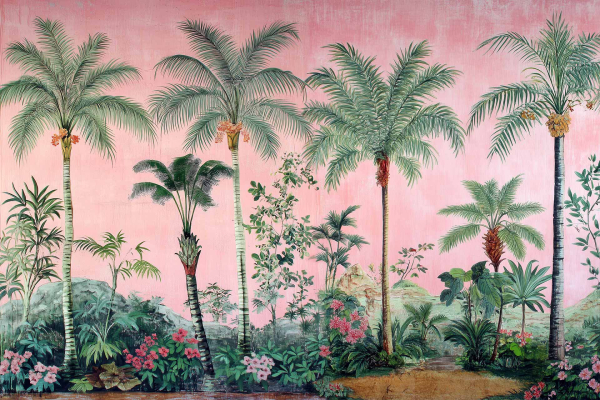 Tropical mural wallpaper with tall palm trees, pink background, lush green foliage, vibrant flowers. Exotic vibe, lively atmosphere, paradise-like.