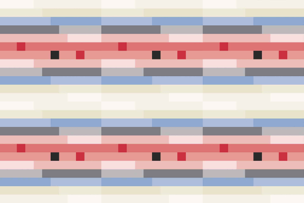 Geometric pattern; horizontal stripes; shades of pink, blue, gray, cream; reminiscent of harlequin design; small red and black squares; symmetrical motif; repeating design.