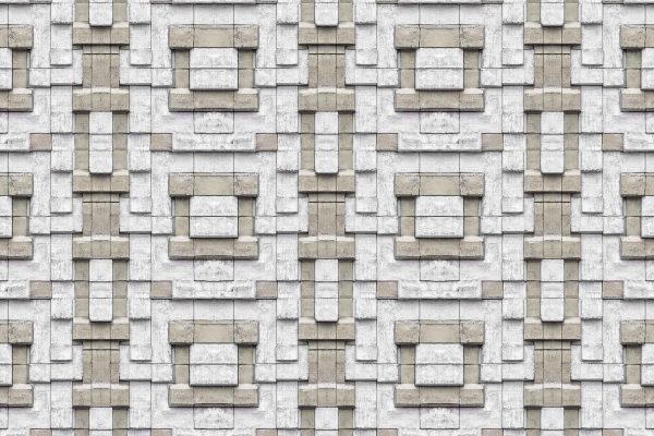 Wallpaper features a harlequin-inspired design with interlocking rectangular shapes. It showcases a beige and white color scheme, creating a symmetrical, grid-like motif on a textured surface.