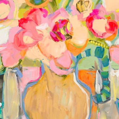 Vibrant wallpaper featuring a colorful abstract design with bold, dynamic brush strokes. Central motifs are the pink and peach flowers set against a lively background of electric blues, fiery oranges, and lush greens. The collaboration signature 