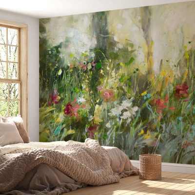 Large mural, abstract floral landscape, vibrant colors, swirling patterns, deep greens, soft blues, hints of warm yellows and pinks.