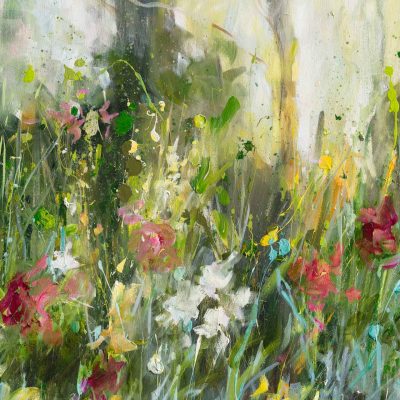 Colorful abstract wallpaper featuring pink, white, and yellow floral patterns. Includes green foliage elements with a backdrop of tall trees and soft sunlight. Serene, dreamy atmosphere highlights vibrant colors and natural elements.