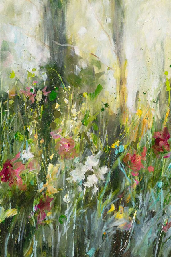 Colorful abstract wallpaper featuring pink, white, and yellow floral patterns. Includes green foliage elements with a backdrop of tall trees and soft sunlight. Serene, dreamy atmosphere highlights vibrant colors and natural elements.